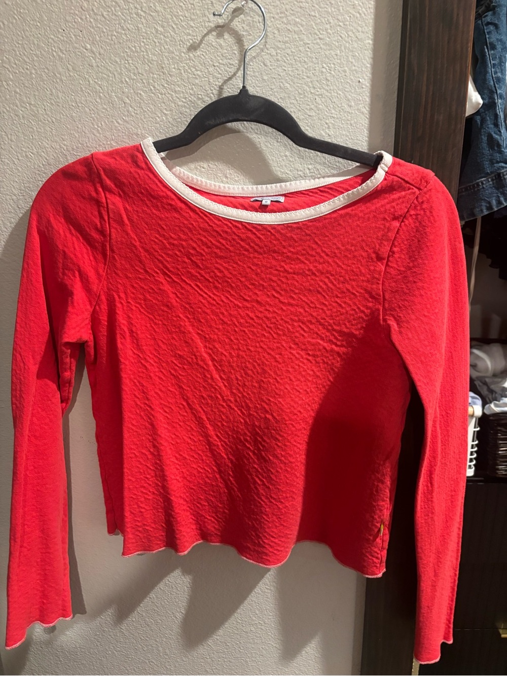 Red Long-Sleeve Crewneck Top with Cream Trim